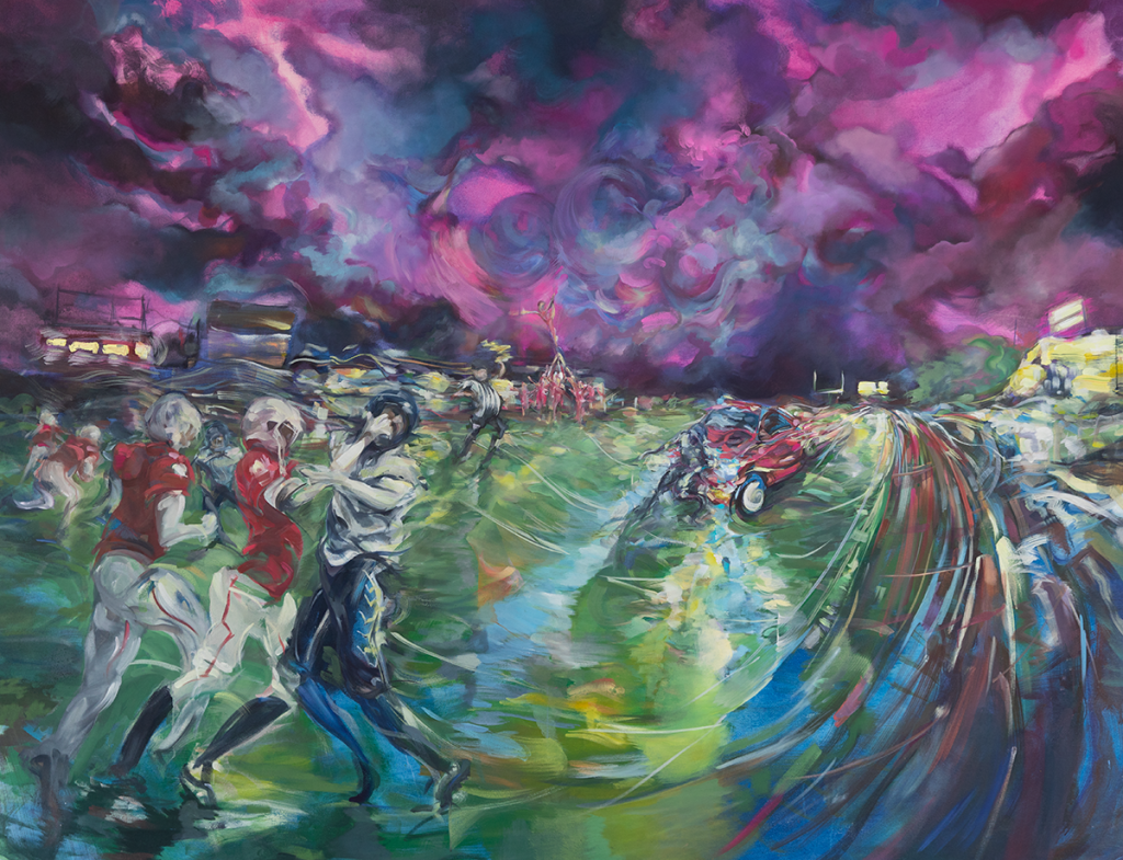 Artist Eric Ondina Painting of a Football Game being crashed by a Tesla on Autopilot